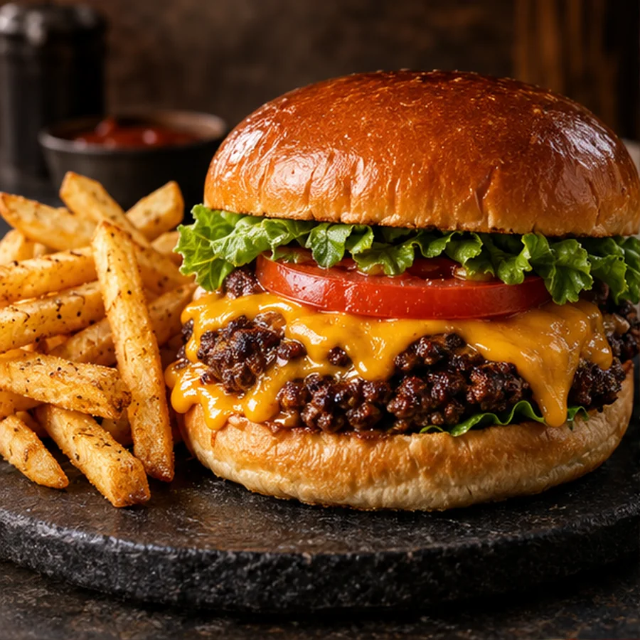 Peynirli hamburger ve baharatlı patates
