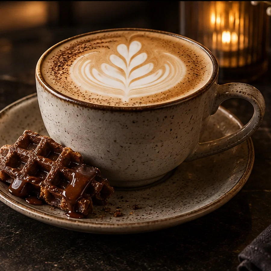 Latte artlı sıcak kahve ve küçük waffle eşliği