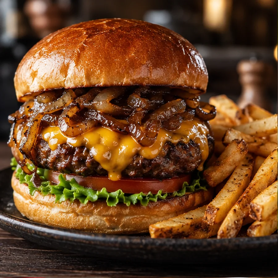 Karamelize soğanlı peynirli hamburger
